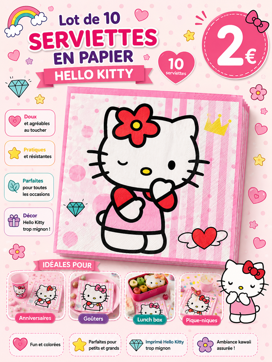 10 serviettes en papier Hello Kitty