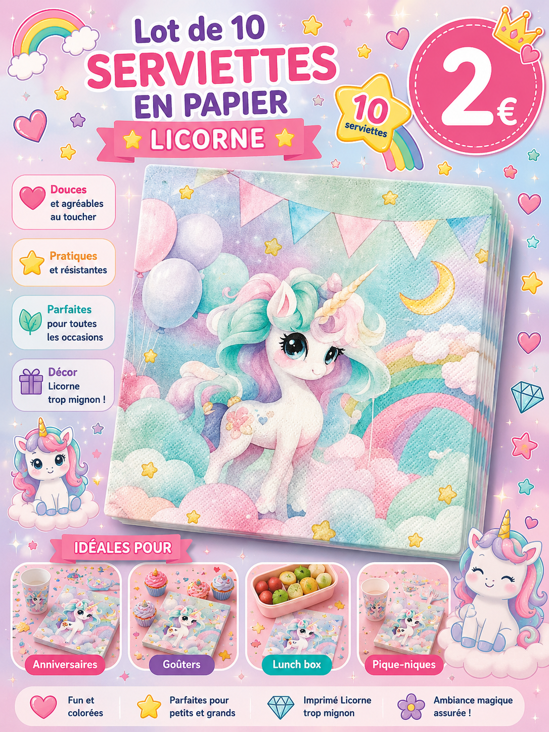 10 serviettes en papier Licorne