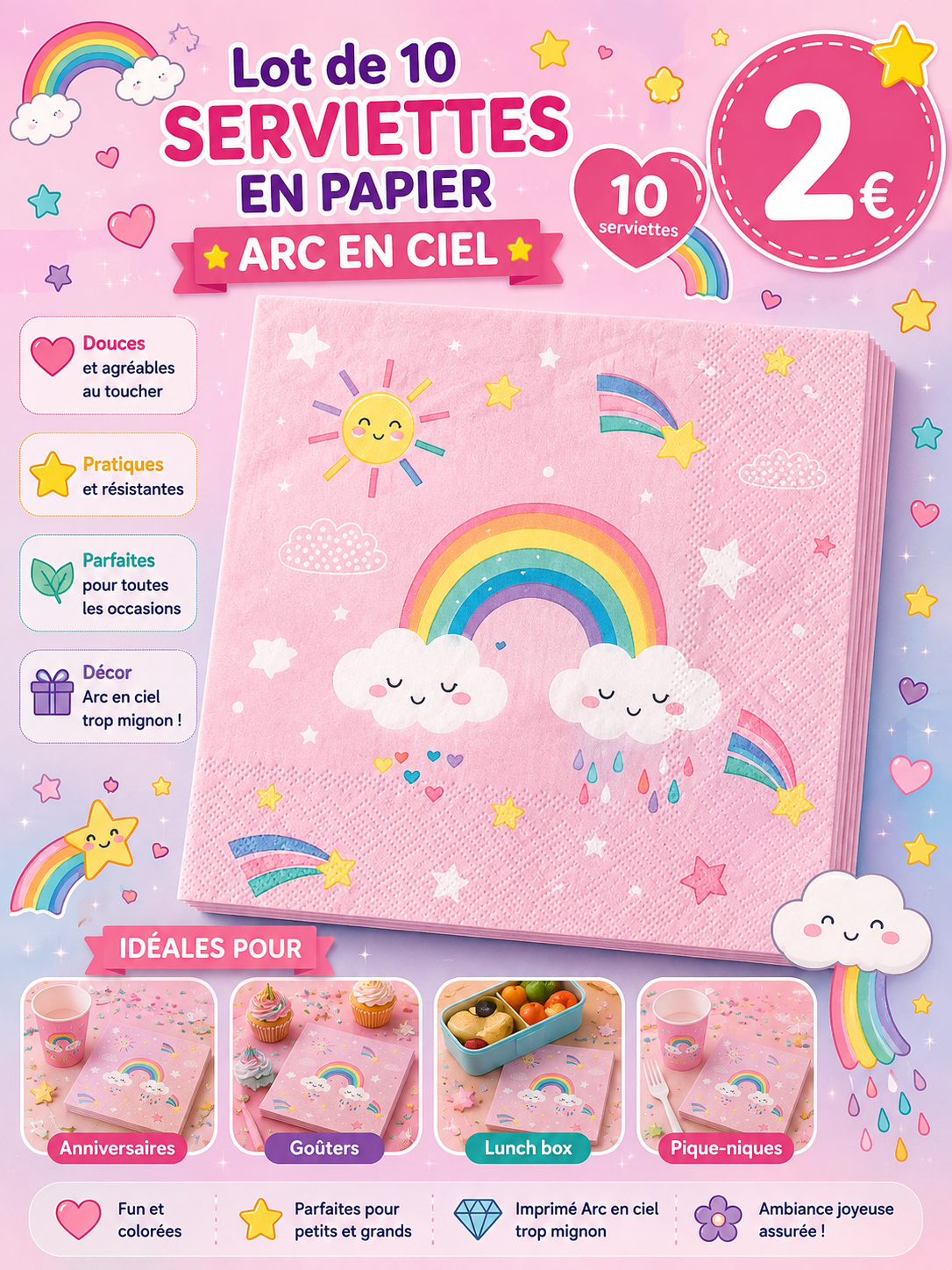 10 serviettes en papier Arc - en -ciel