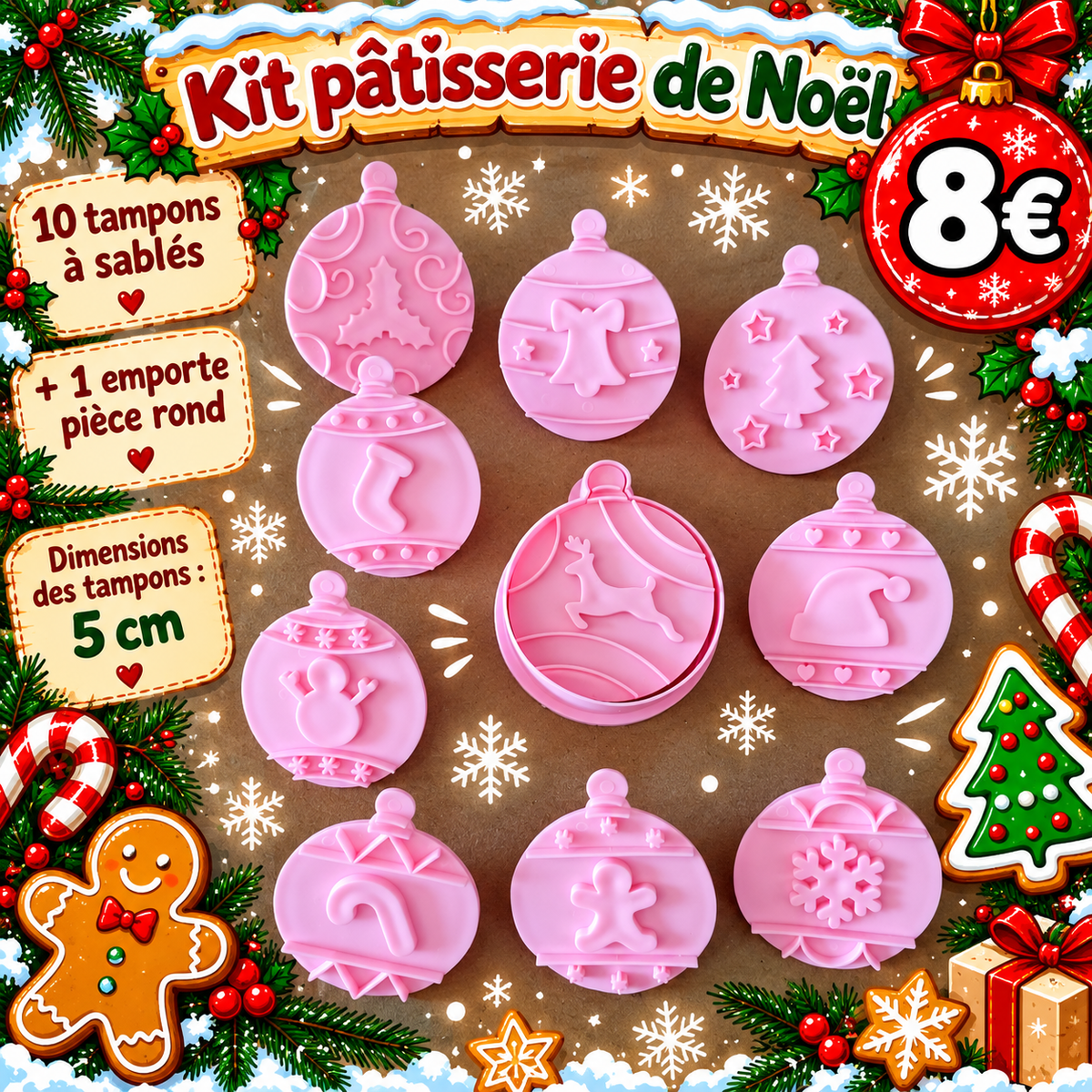 Kit pâtisserie de Noël - 10 tampons à sablés + 1 emporte pièce rond