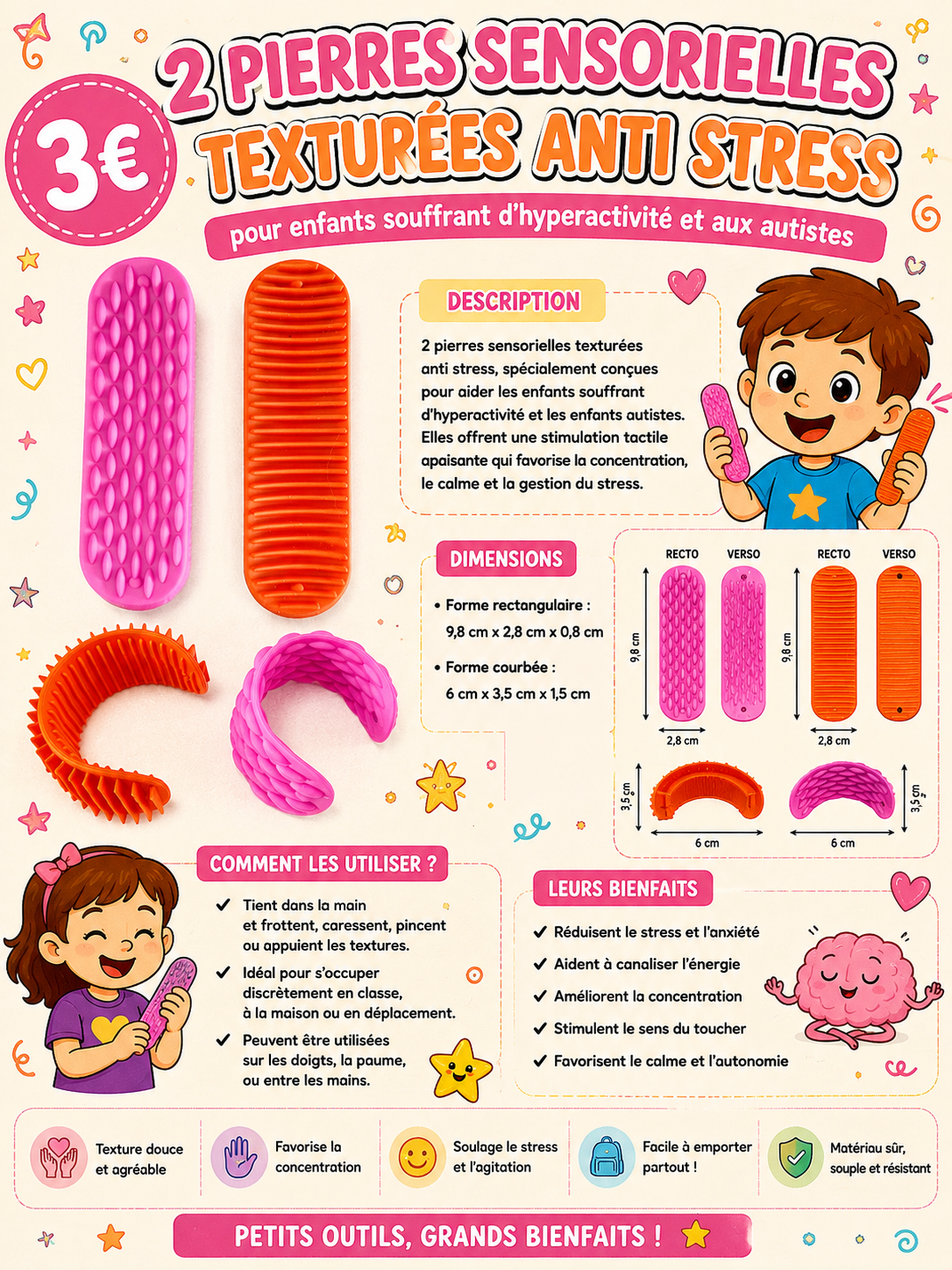 2 pierres sensorielles texturées anti stress en silicone