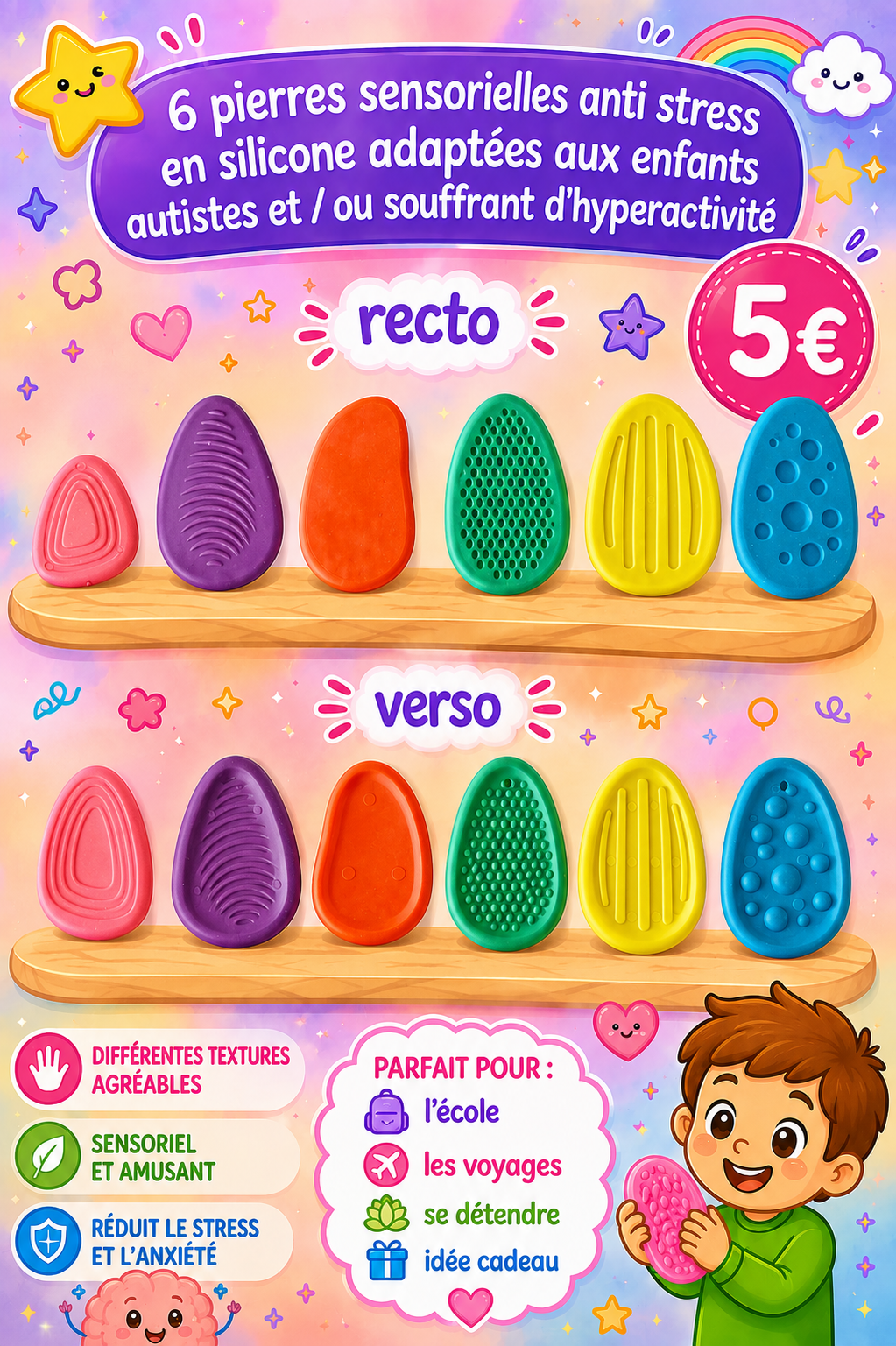 6 pierres sensorielles anti stress en silicone