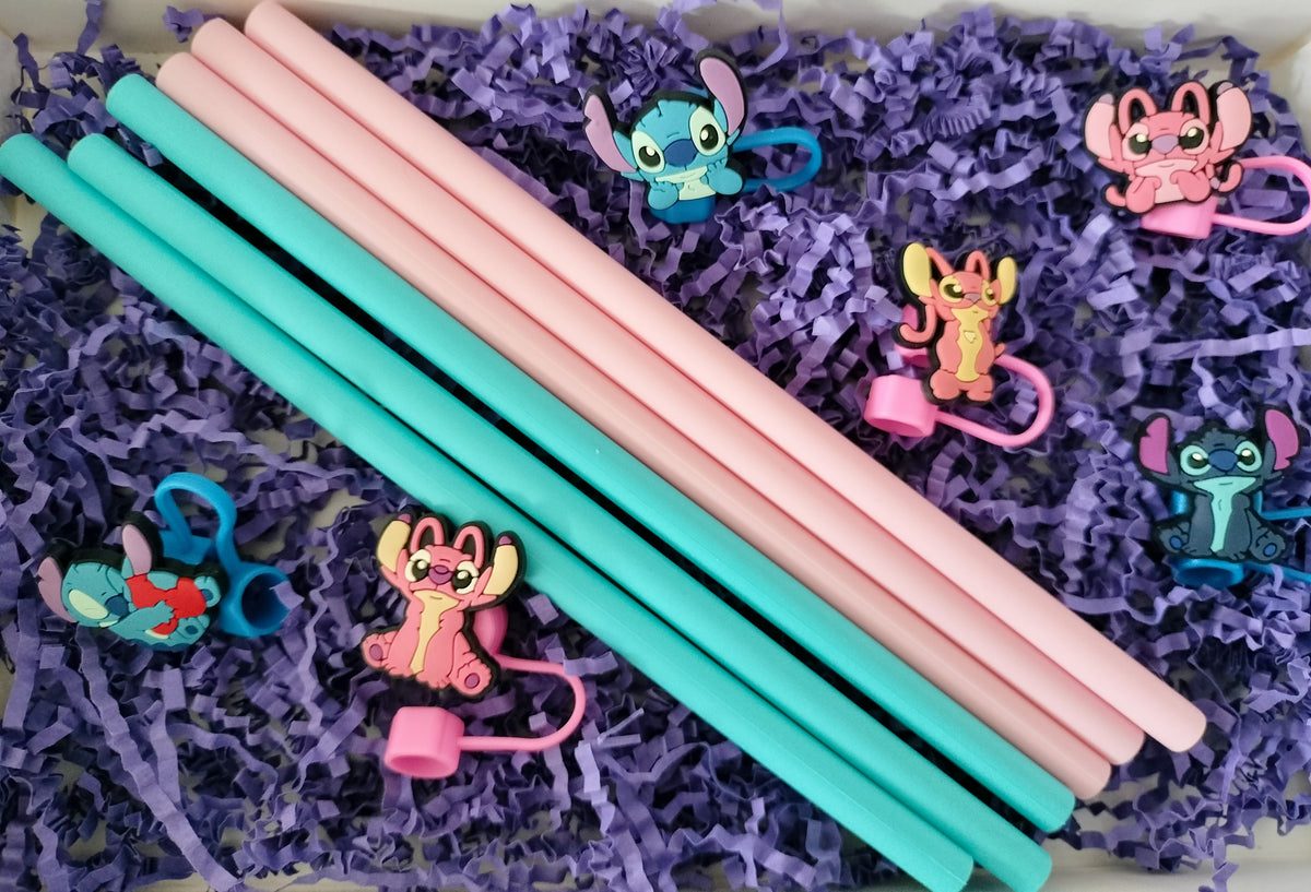Kit 6 pailles silicone & 6 bouchons de pailles Stitch & Angel