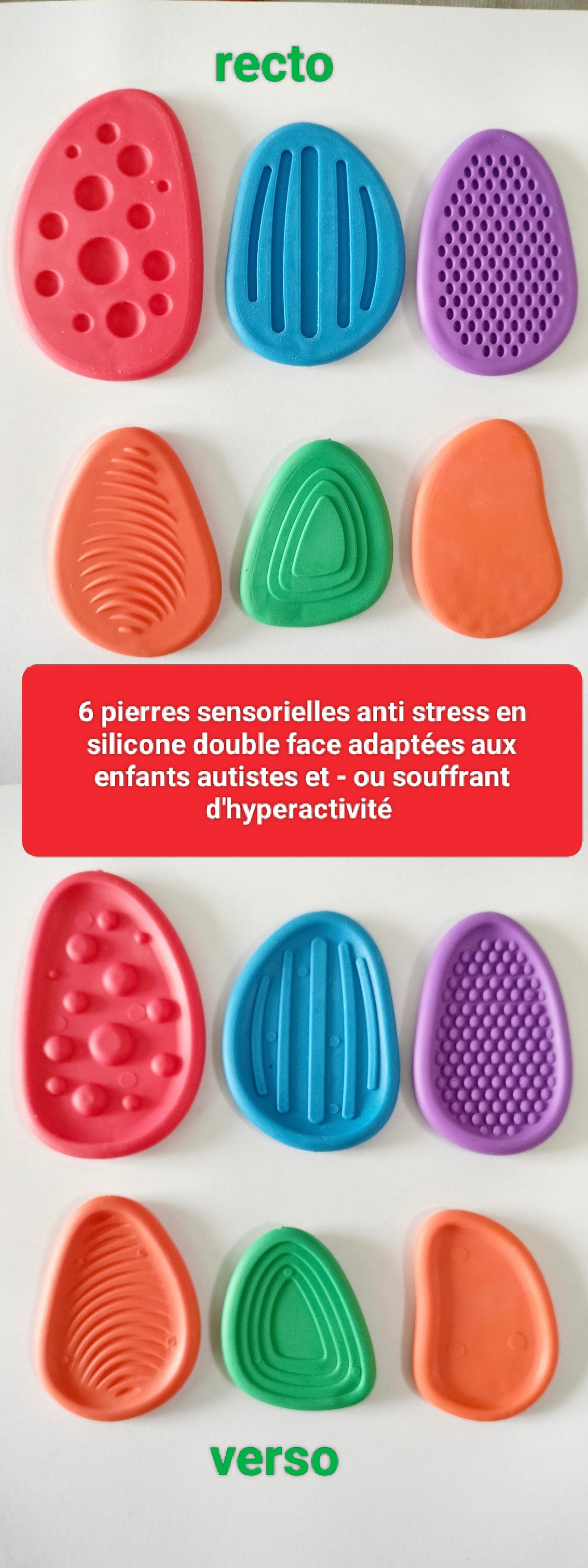 6 Pierres Sensorielles anti stress en silicone