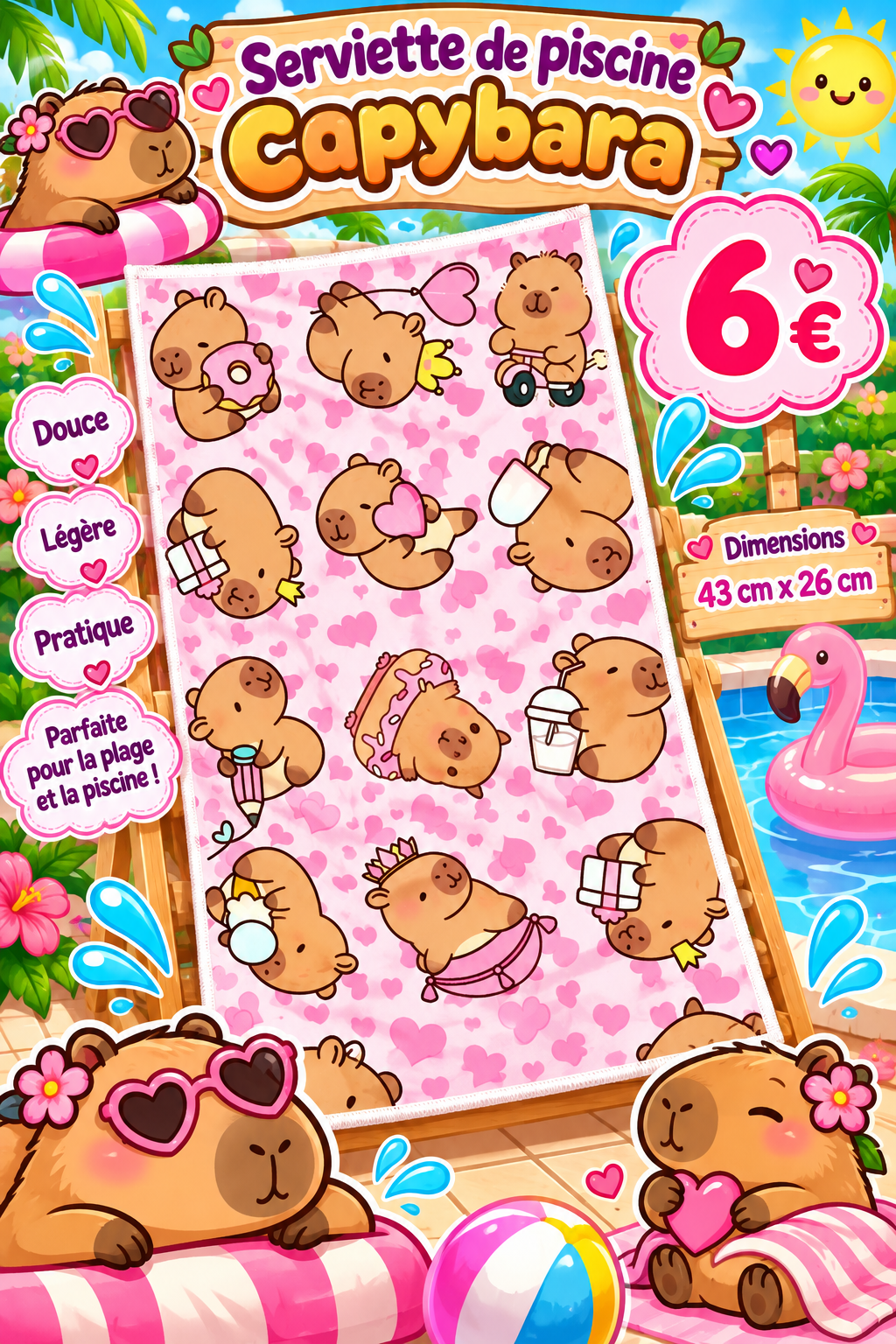 Serviette de piscine Capybara - 43 x 26 cm