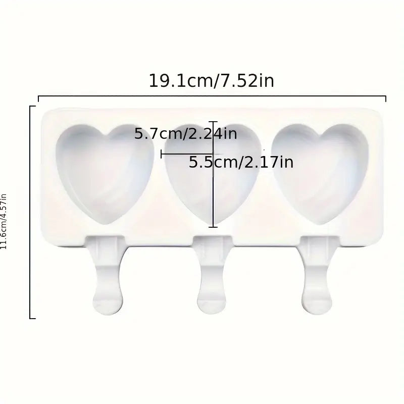Moule à glaces 3 coeurs ( silicone souple ) + 3 batônnets réutilisables et lavables