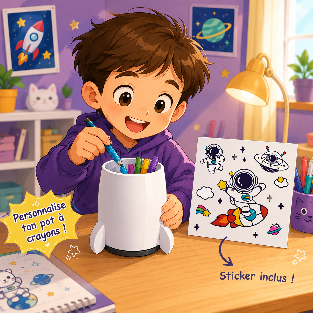 Pot à crayons fusée + stickers Espace