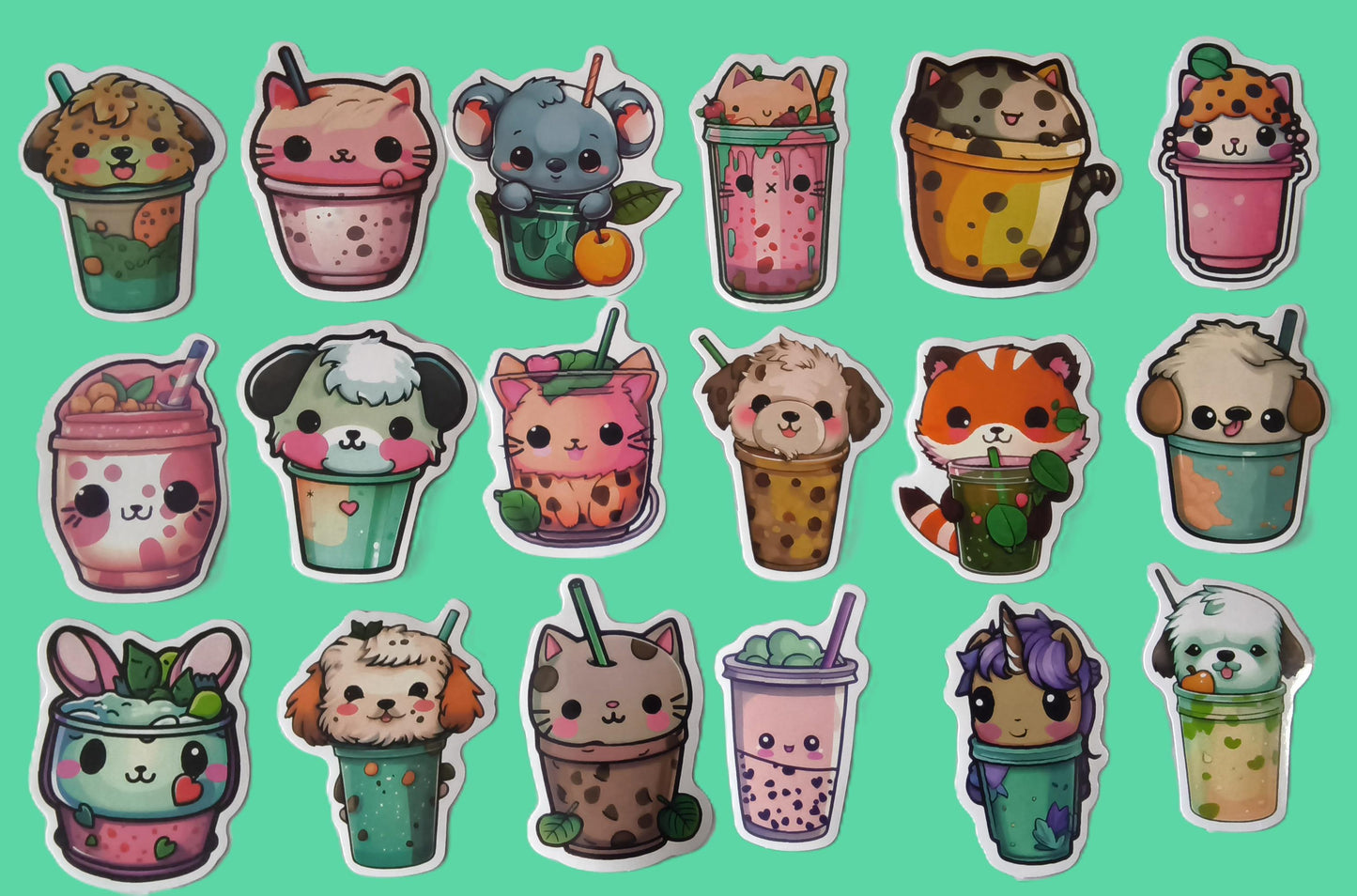 18 stickers Bubble tea animaux