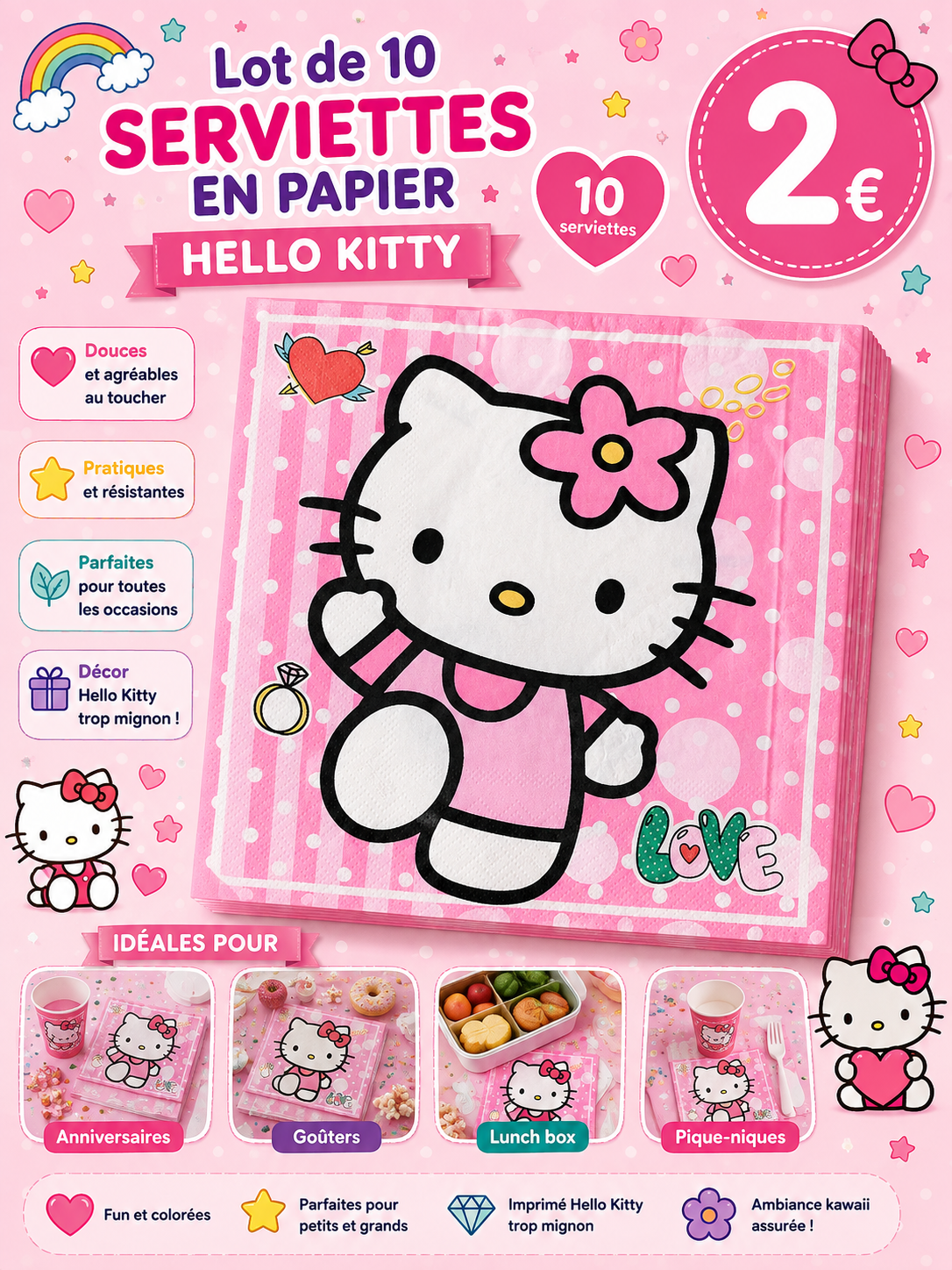 10 serviettes Hello Kitty ( rose )