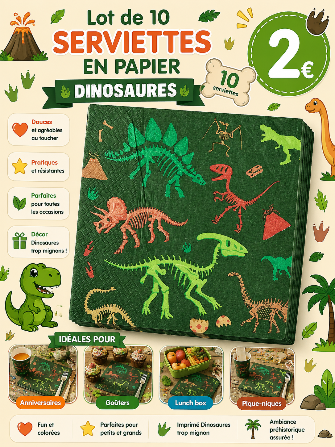 10 serviettes en papier Dinosaures