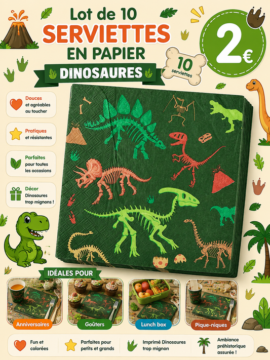 10 serviettes en papier Dinosaures