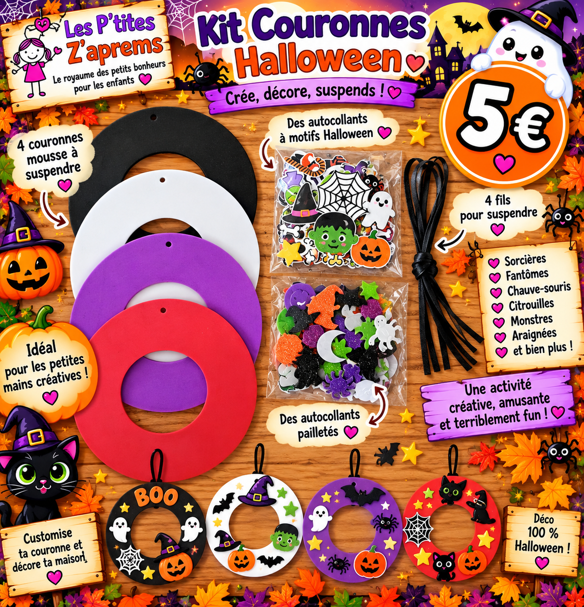Kit 4 couronnes Halloween - 2 pochettes de stickers