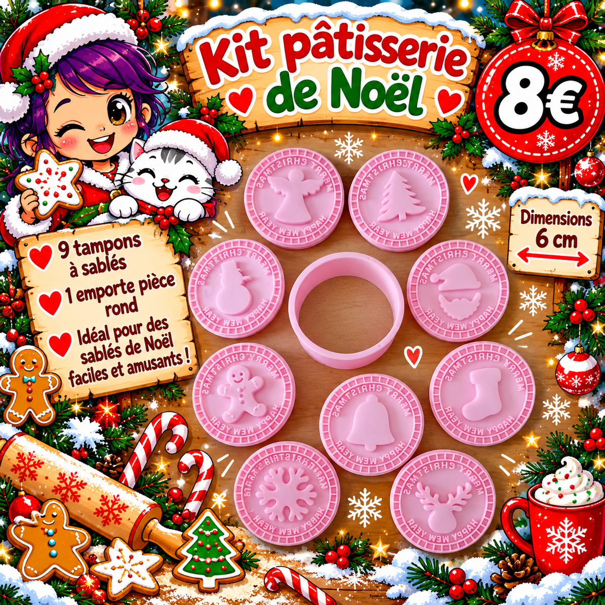 Kit pâtisserie Noël - 9 tampons à sablés + 1 emporte pièce