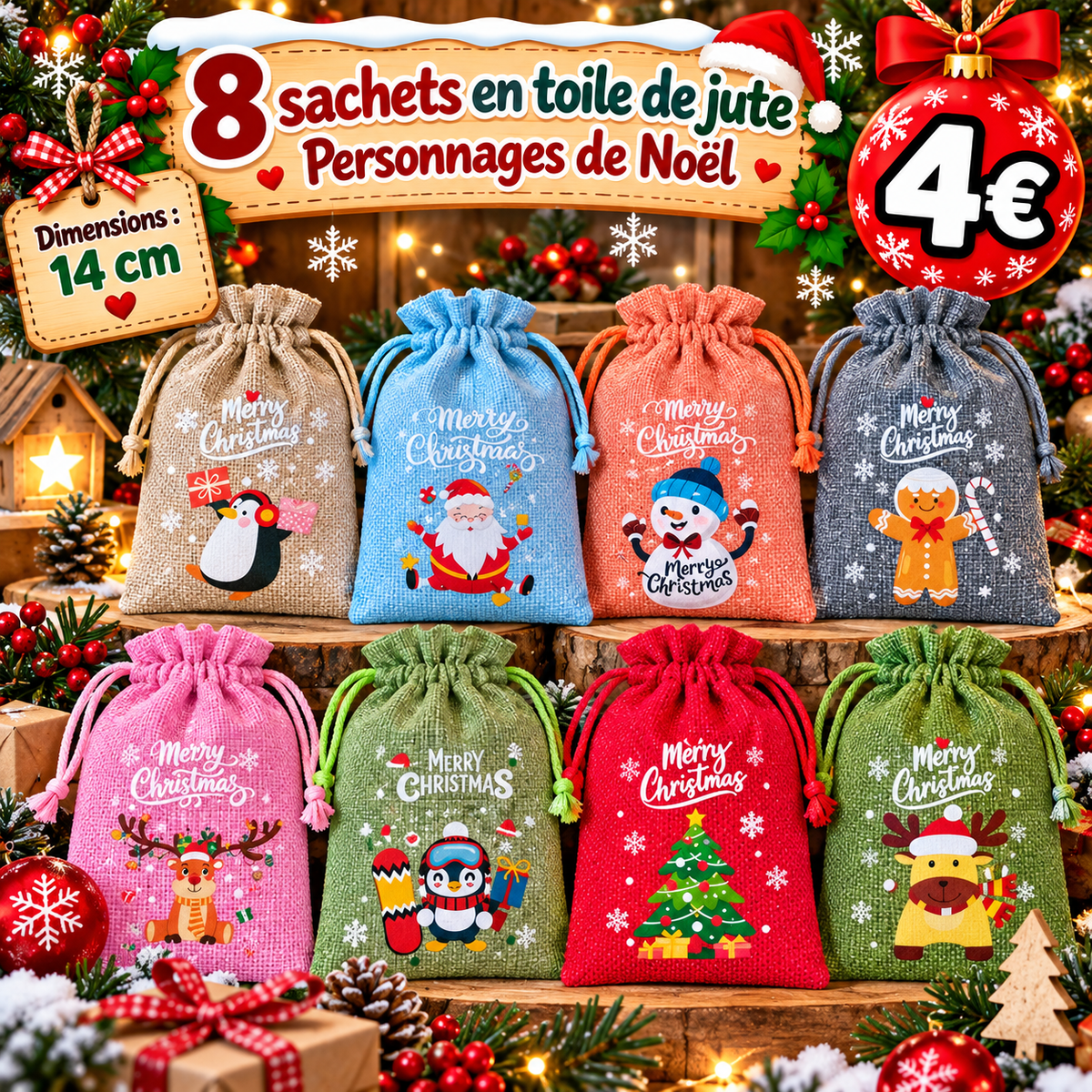 8 sachets en toile de jute - personnages d'hiver / Noël