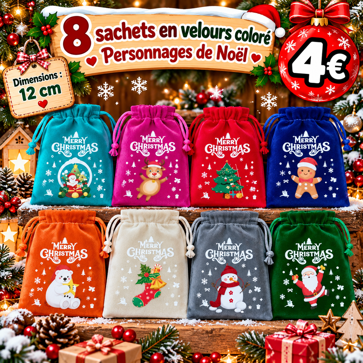 8 sachets en velours coloré personnages de l hiver / Noël