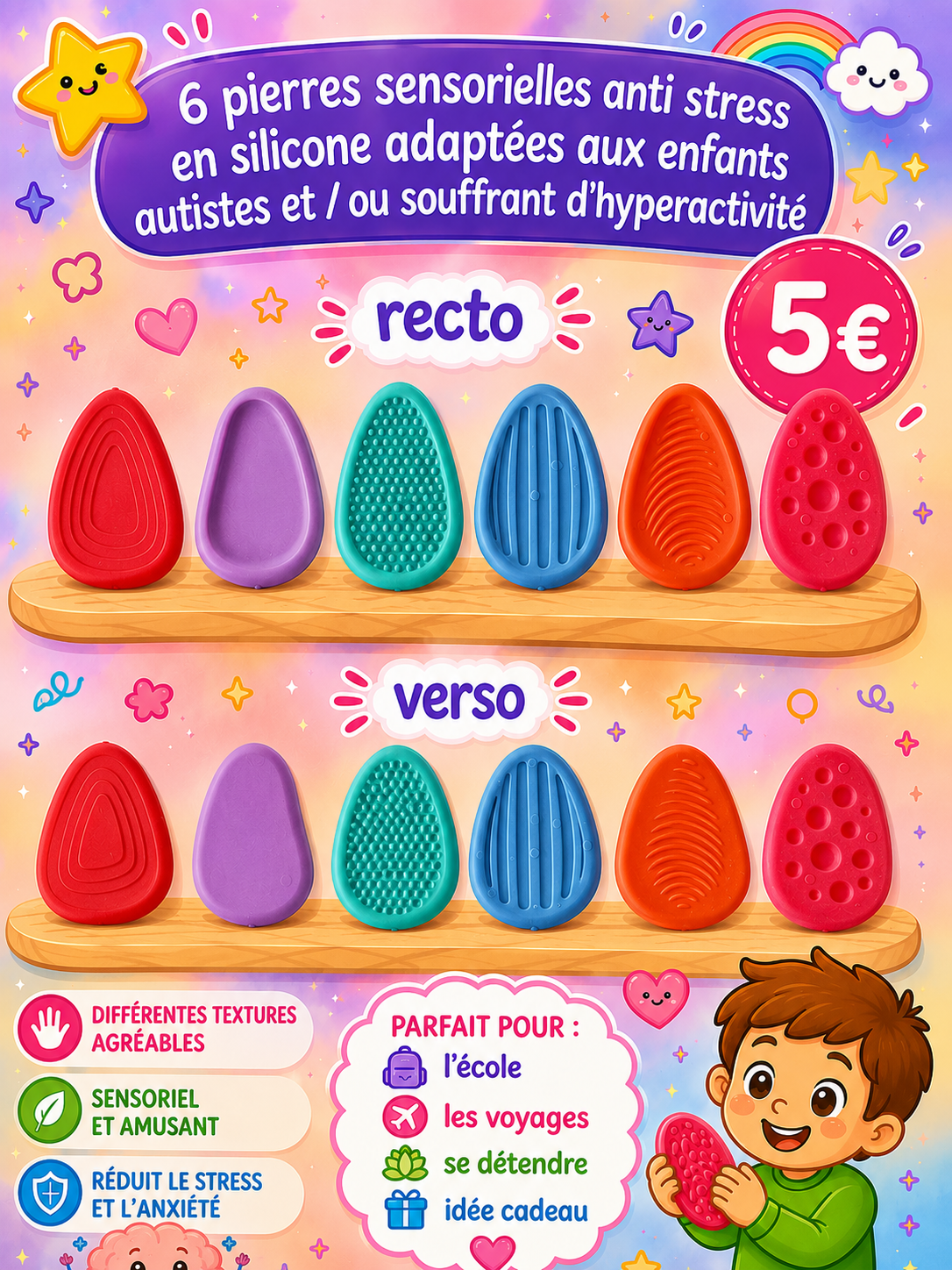 6 pierres sensorielles anti stress en silicone