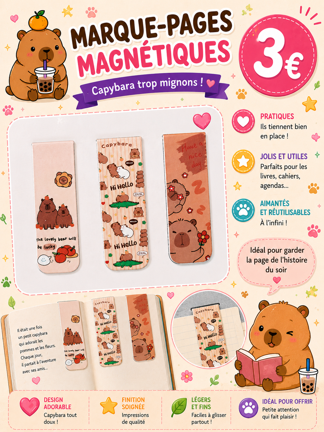 3 marque pages magnétiques - Capybara