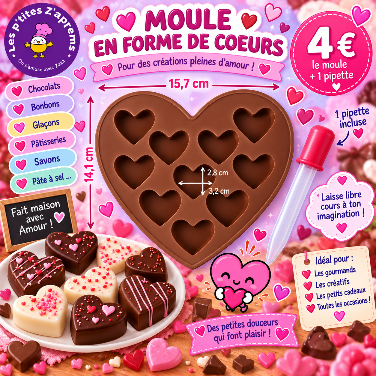 Moule silicone Coeurs + 1 pipette