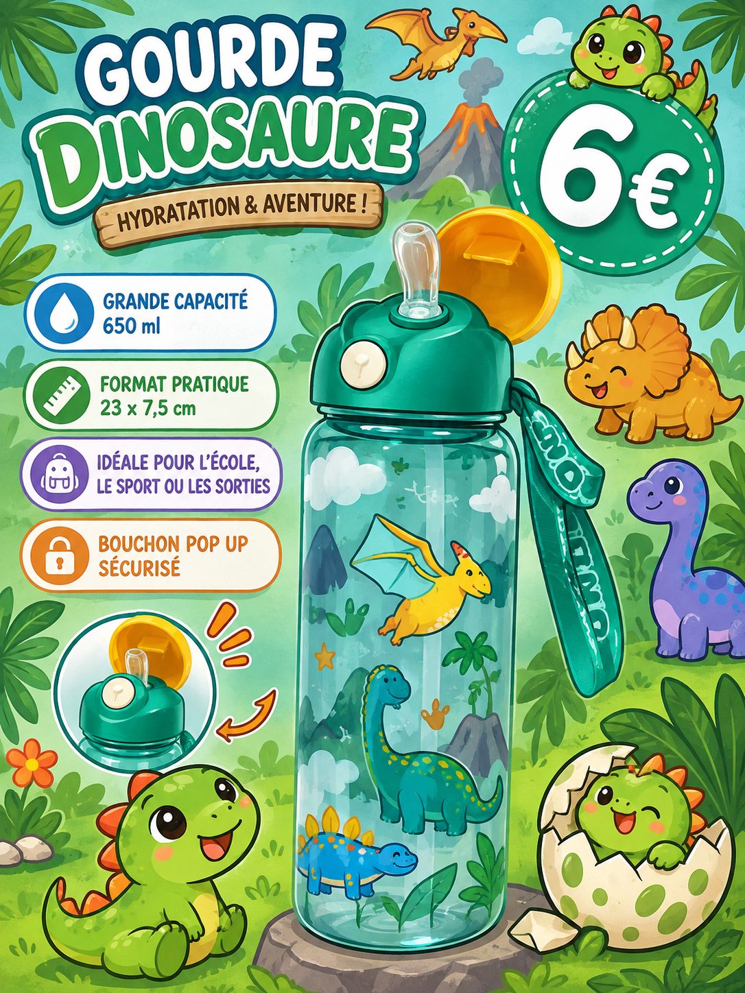 Gourde plastique Dinosaures + 1 goupillon de nettoyage