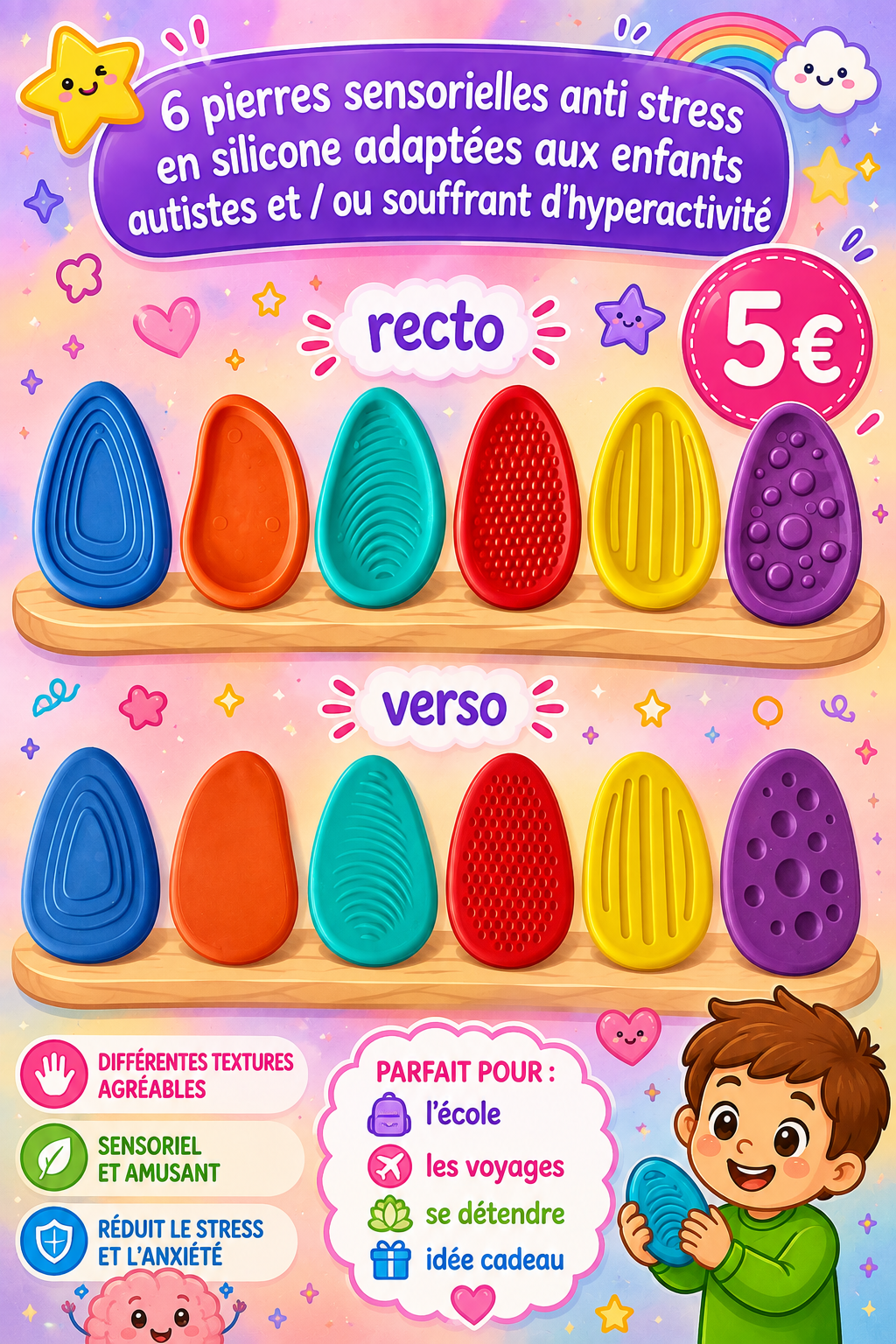 6 Pierres sensorielles anti stress  en silicone