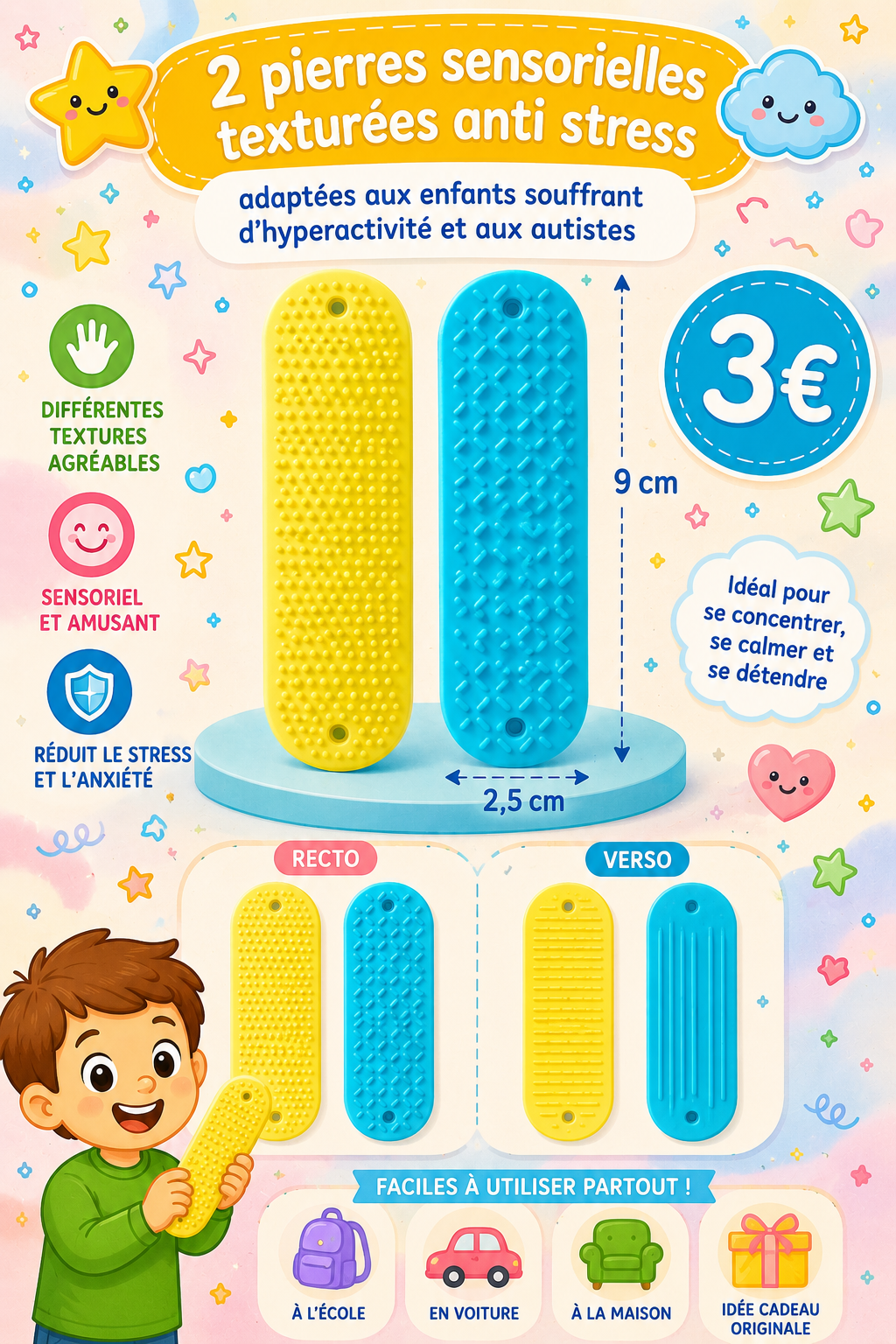 2 Pierres sensorielles texturées anti stress en silicone