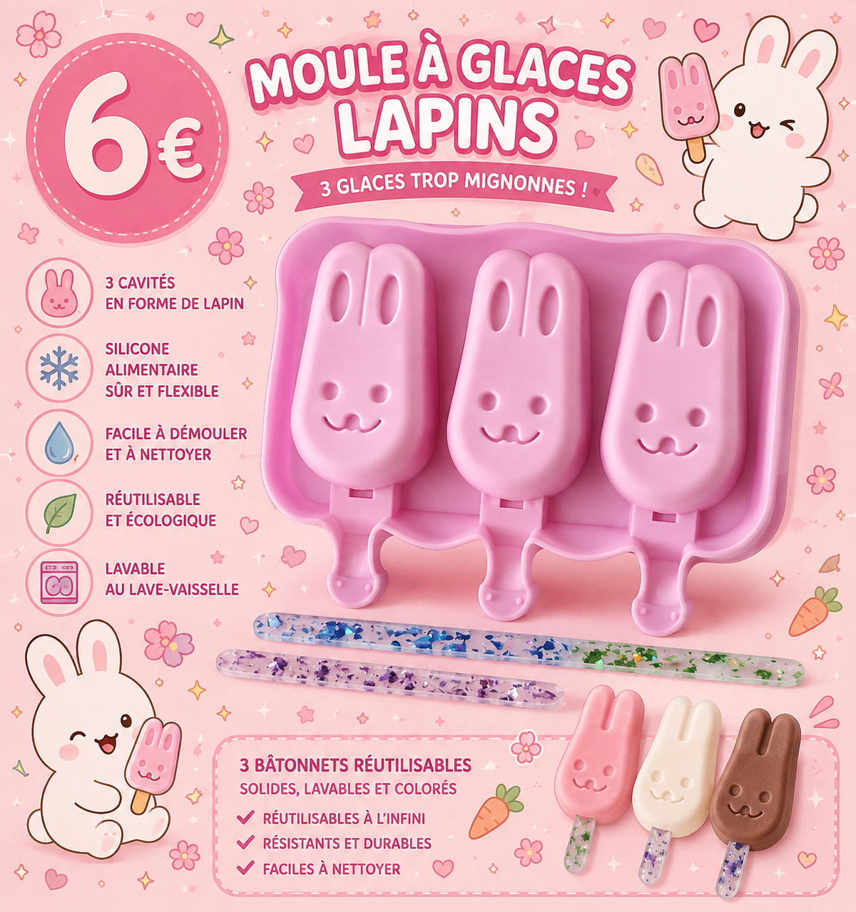 Moule à glaces Lapins + 3 batônnets réutilisables / lavables