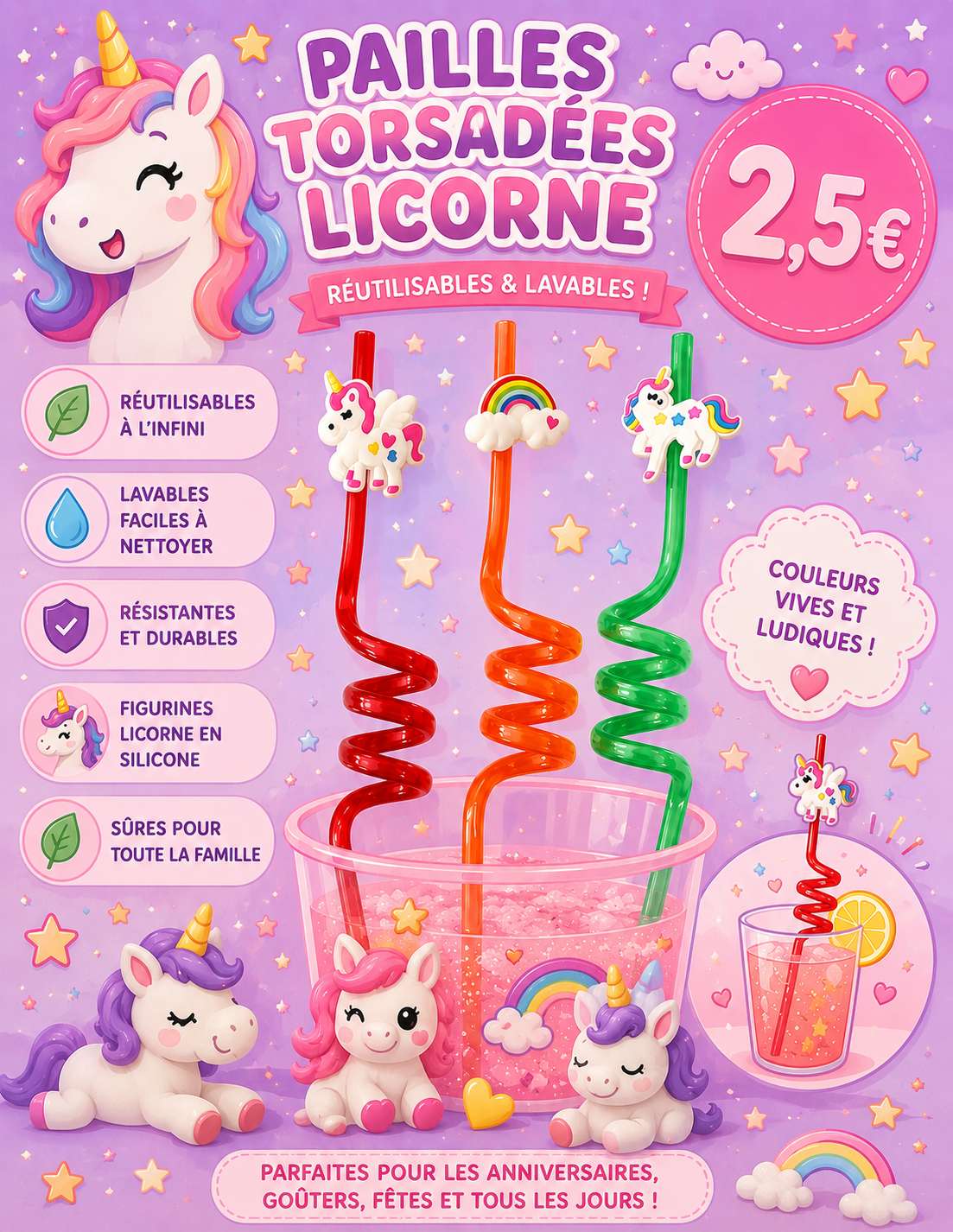 3 pailles torsadées Licorne 🦄