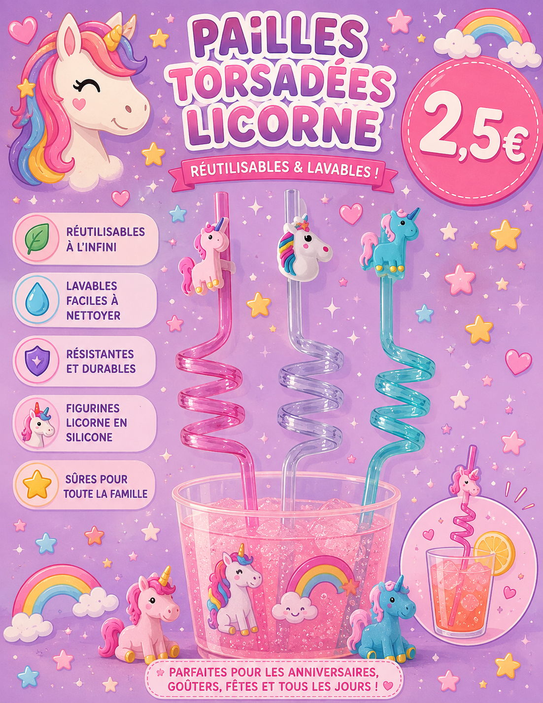 3 pailles torsadées Licorne