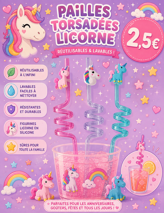 3 pailles torsadées Licorne