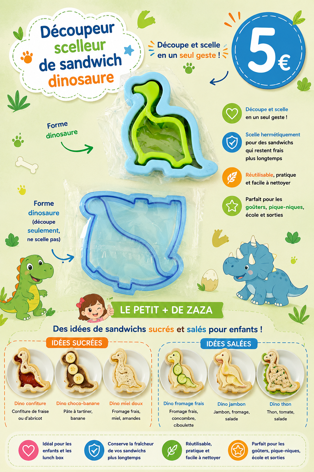 Découpeur scelleur de sandwich Dinosaures ( 2 pièces )