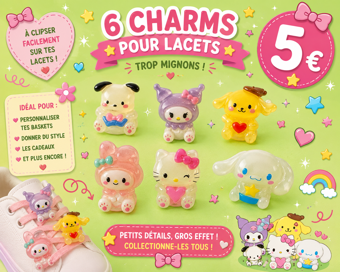6 charms pour lacets Hello kitty and friends