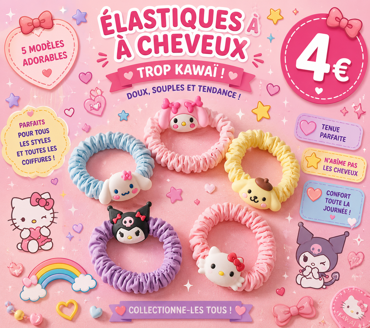 5 chouchous élastiques à cheveux Hello Kitty and friends