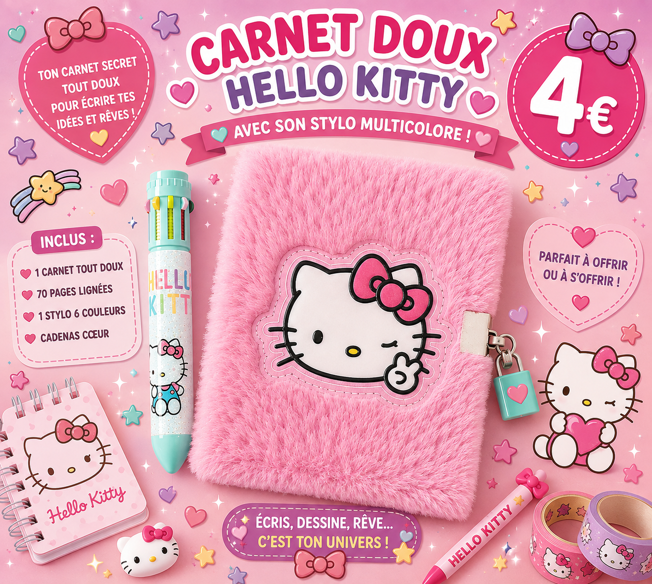 Carnet de notes Hello Kitty avec couverture en peluche