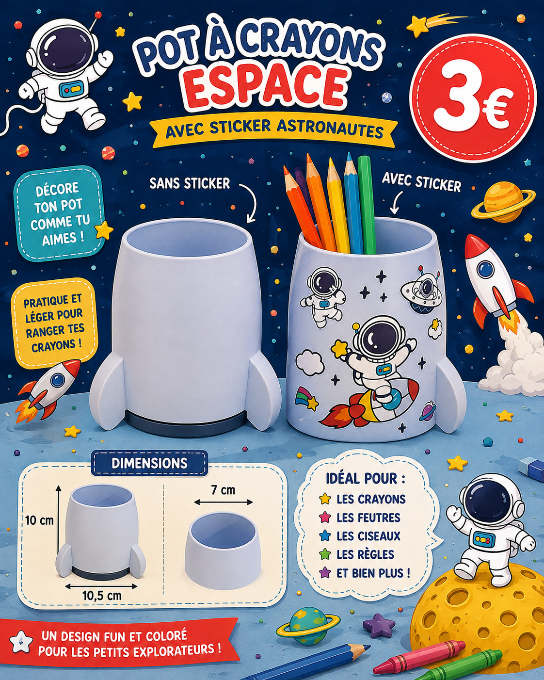 Pot à crayons fusée + stickers Espace