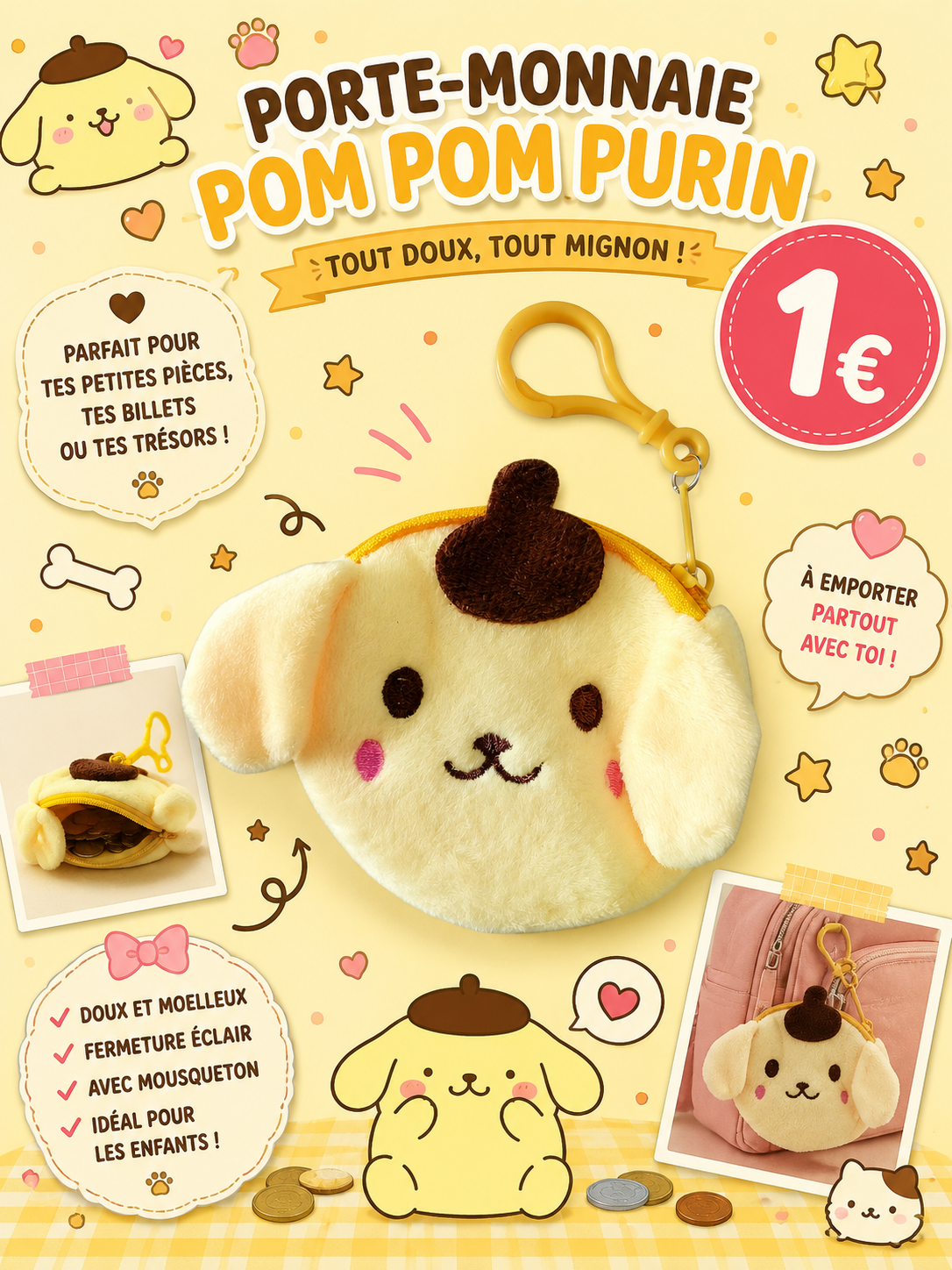 Porte monnaie Pompom purin ( Hello Kitty and friends )