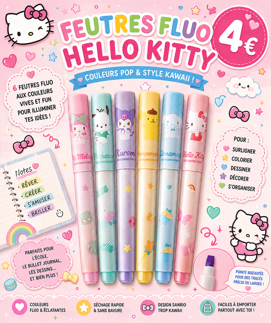 6 feutres fluos Hello Kitty and friends