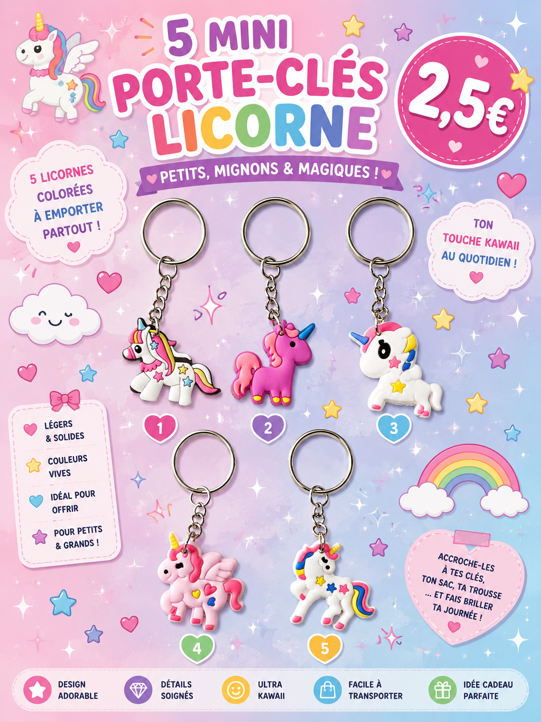 5 petits porte clés Licorne 🦄