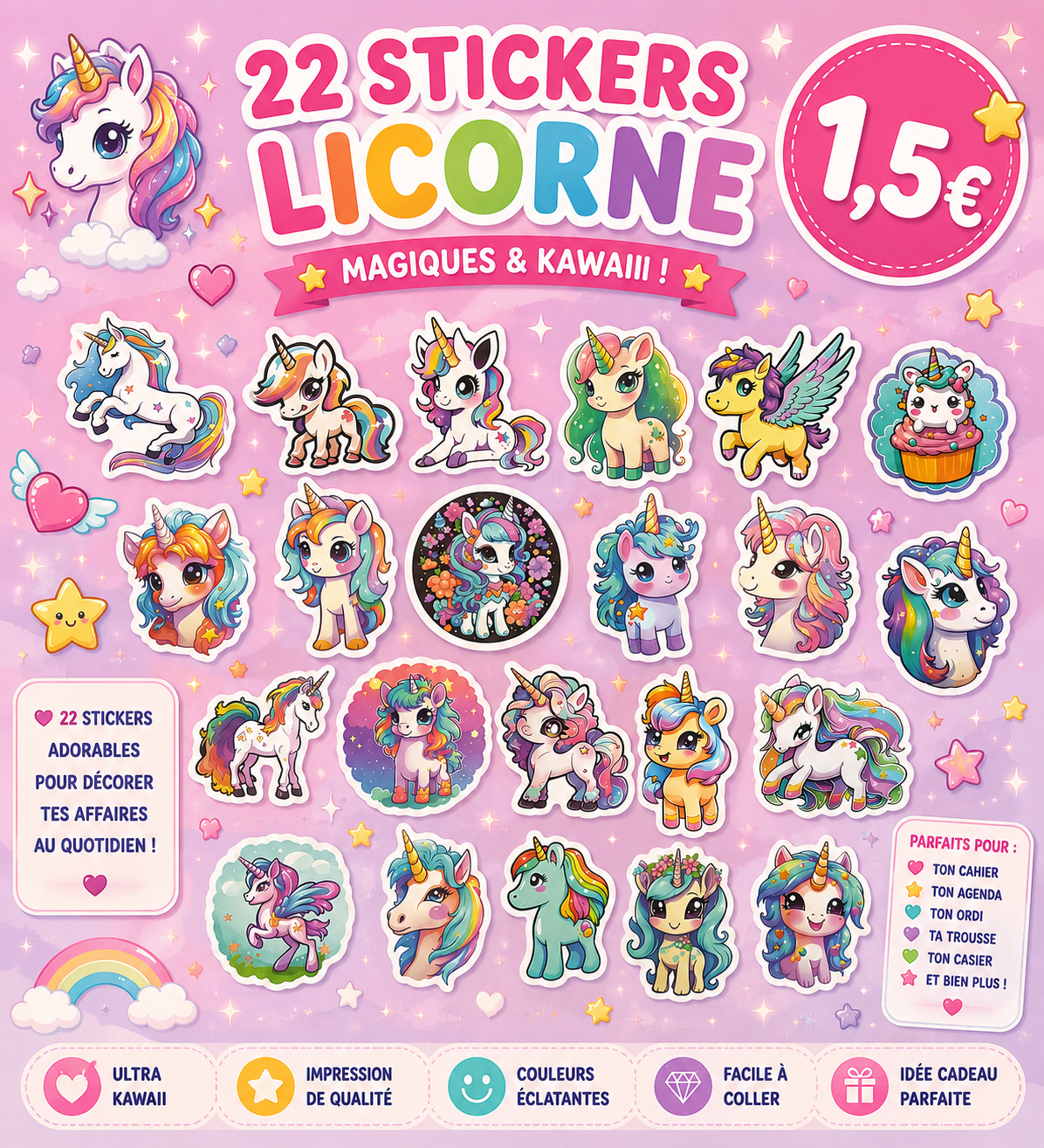 22 stickers Licornes