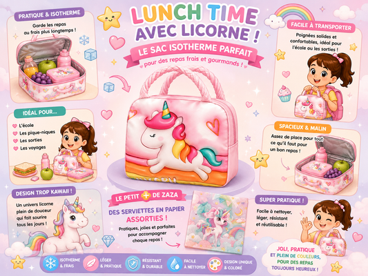 Sac isotherme Licorne + 4 serviettes en papier assorties