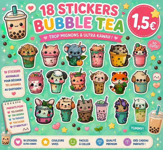 18 stickers Bubble tea animaux