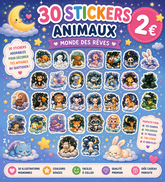 30 stickers Animaux monde de rêves