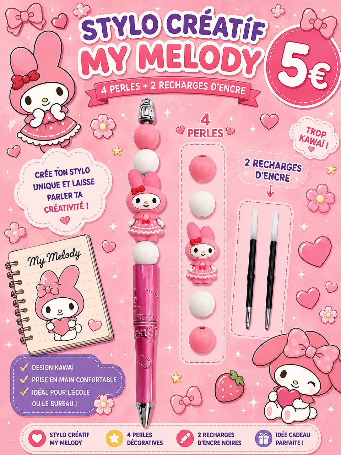 Stylo créatif My Melody - 4 perles et 1 figurine  + 2 recharges d' encre