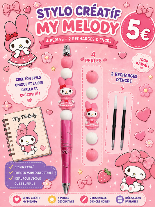 Stylo créatif My Melody - 4 perles et 1 figurine  + 2 recharges d' encre