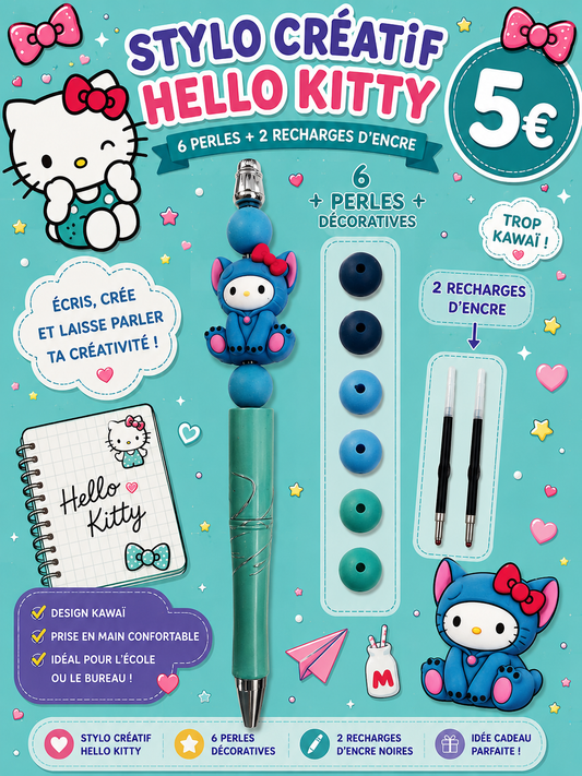 Stylo créatif Hello Kitty - 6 perles et 1 figurine + 2 recharges d'encre