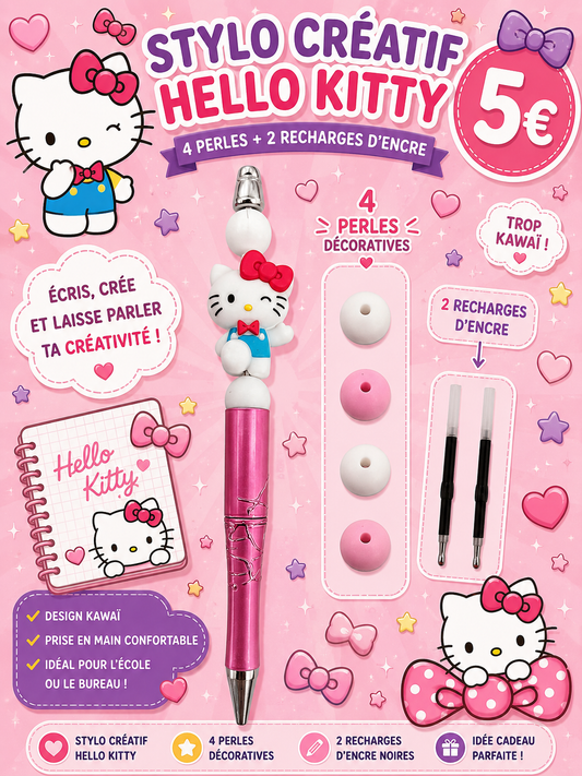 Stylo créatif Hello Kitty - 4 perles et 1 figurine + 2 recharges d'encre
