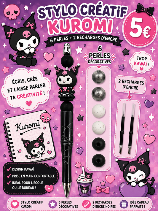 Stylo créatif Kuromi 6 perles et 1 figurine + 2 recharges d'encre
