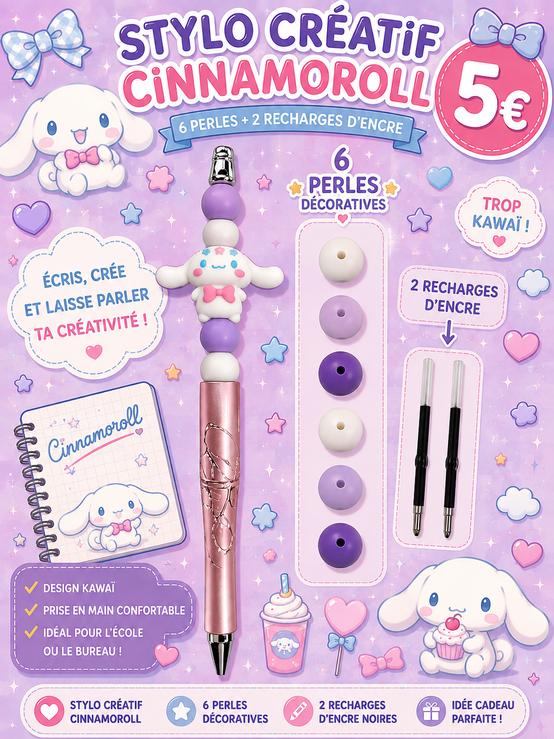 Stylo créatif Cinnamoroll - 6 perles et 1 figurine + 2 recharges d 'encre