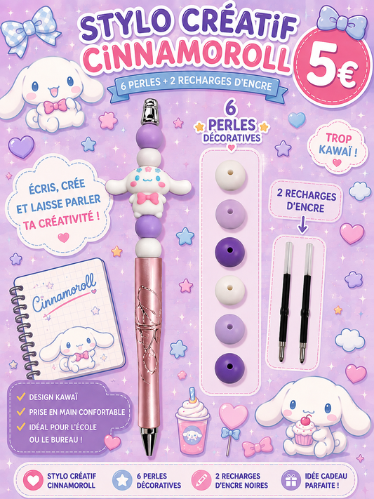 Stylo créatif Cinnamoroll - 6 perles et 1 figurine + 2 recharges d 'encre