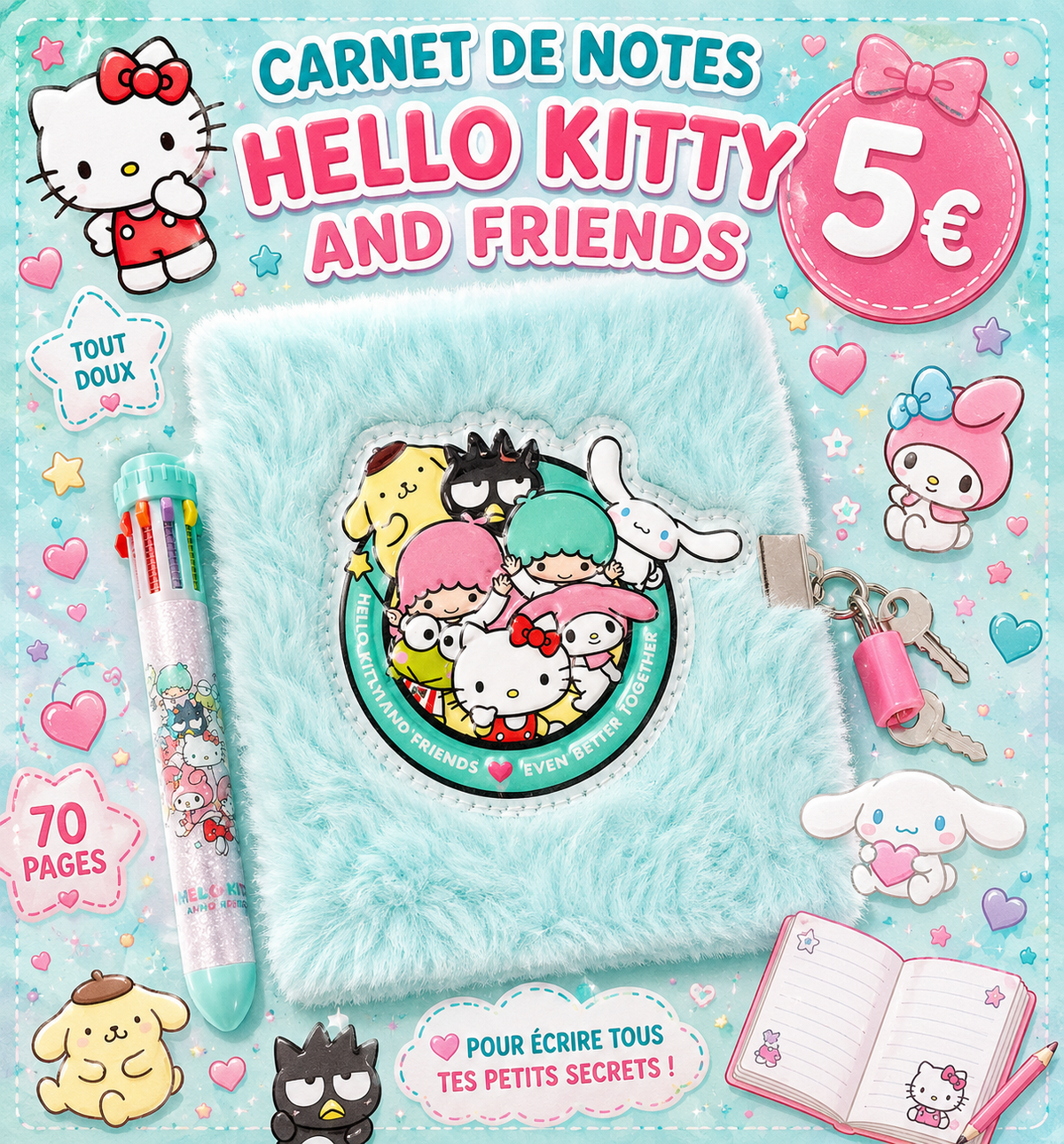 Carnet de notes couverture peluche Hello Kitty and friends