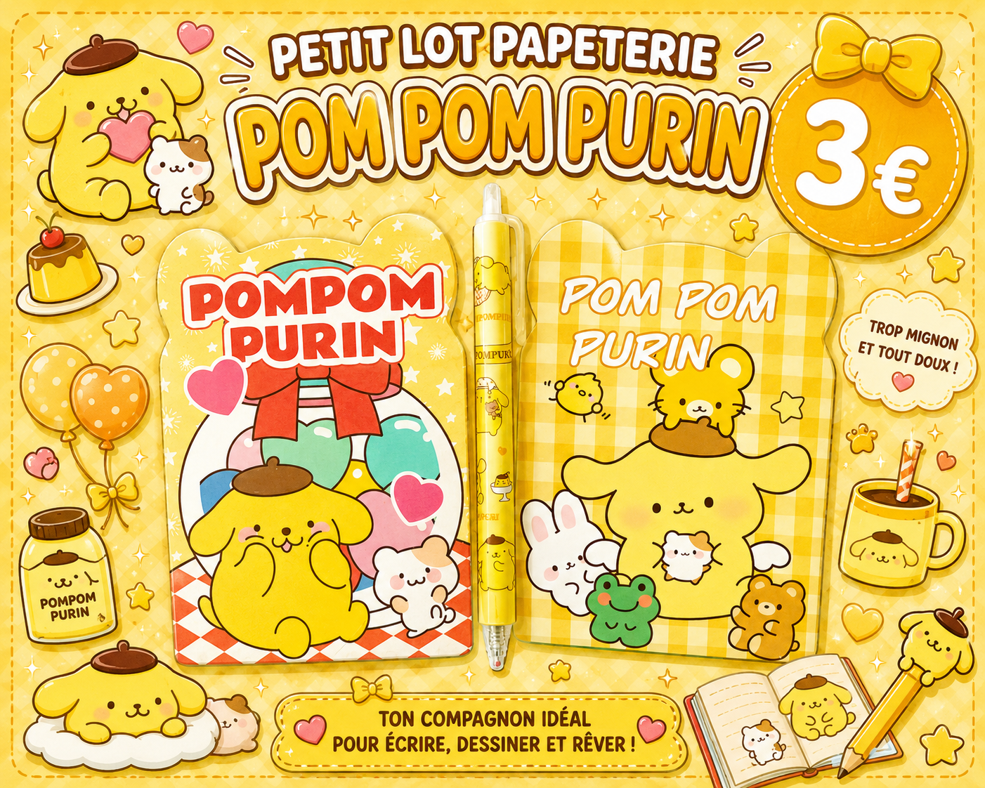 P'tit lot papeterie Pompom purin ( Hello Kitty and firends )
